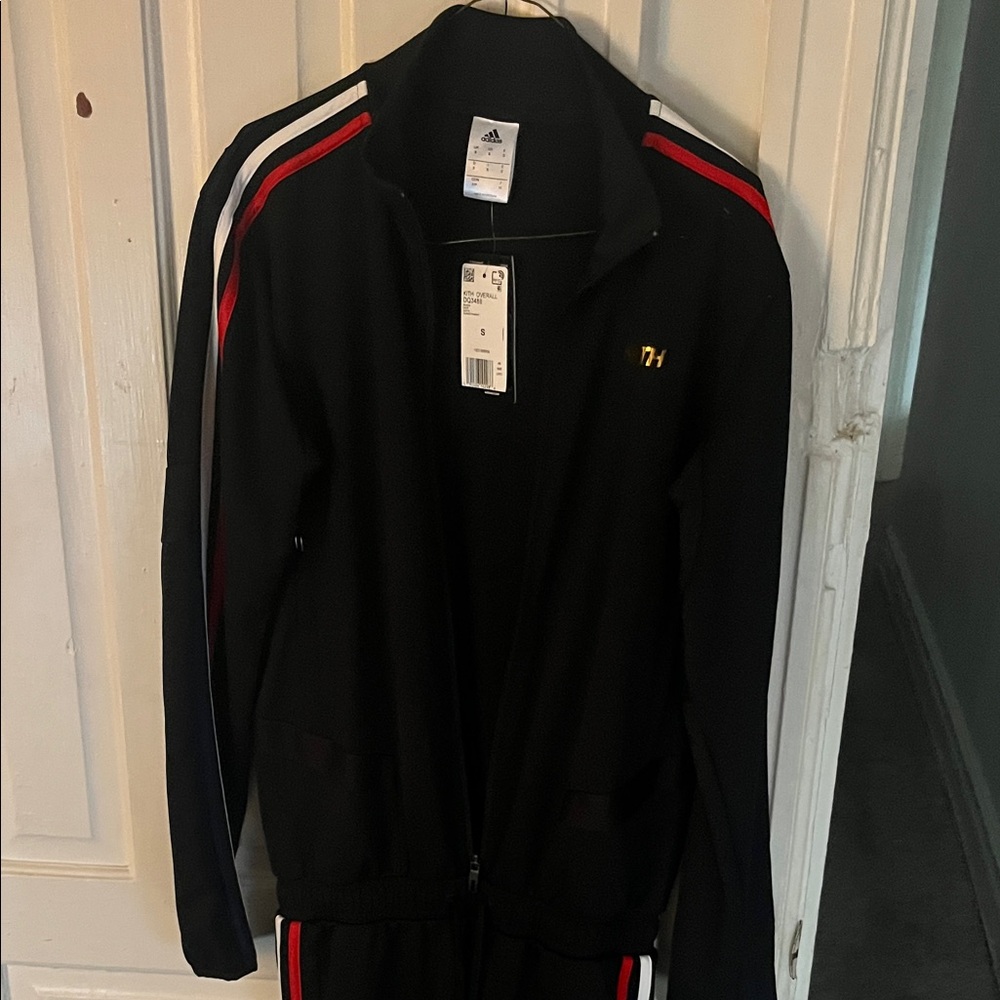 Adidas Women’s Black Jumpsuit with Red and White Stripes